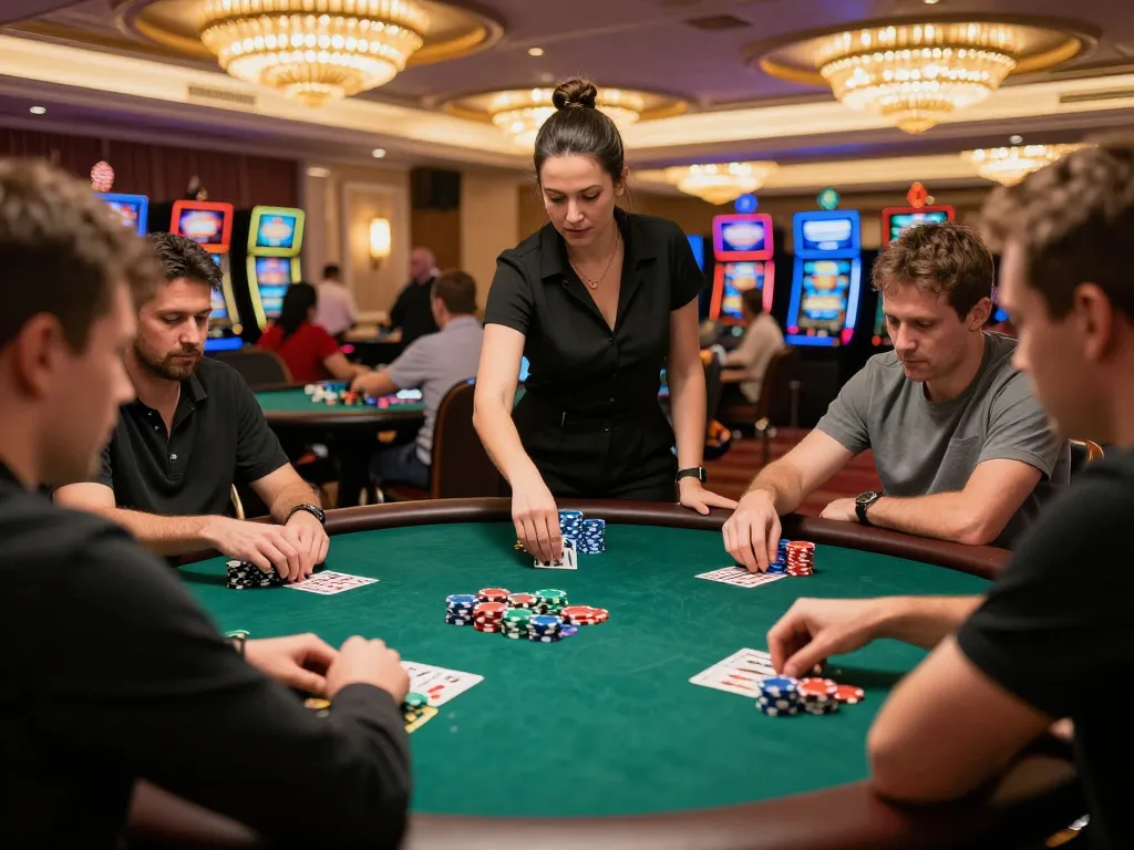 Players engage in an intense poker game at 98win casino, showcasing strategic gameplay.