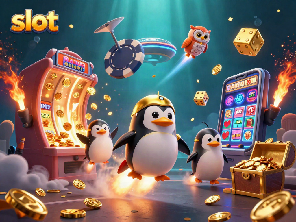 Experience thrilling slot action with a flurry of coins, jackpots, and colorful gaming elements.
