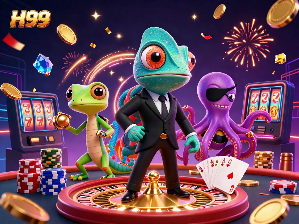 Experience casino excitement with H99 as characters celebrate amidst jewels, coins, and gaming action.