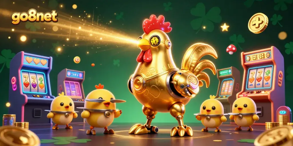 Engage with go8net's exciting casino games through a vibrant illustration of a golden robot and arcade elements.