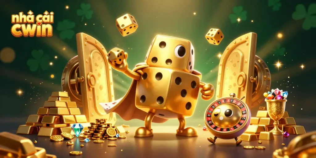 Experience the thrilling world of nhà cái cwin with dynamic golden dice and treasures in a vibrant 3D casino scene.