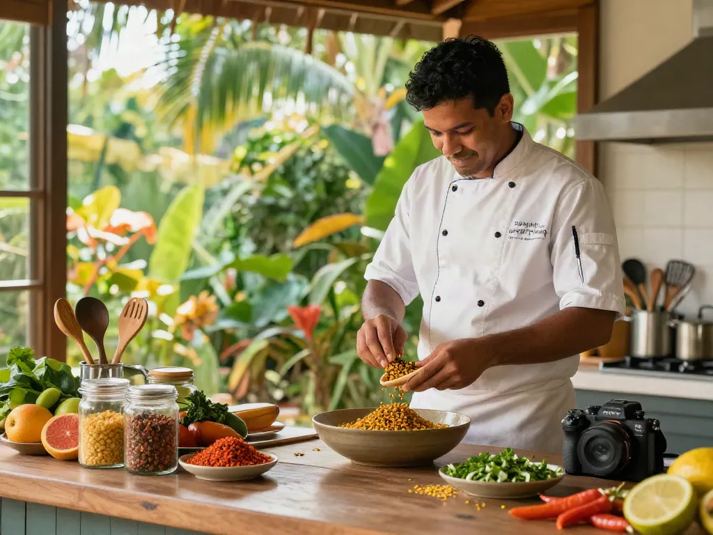 Memasak dengan annatto dan bahan segar di dapur tropis yang cerah.