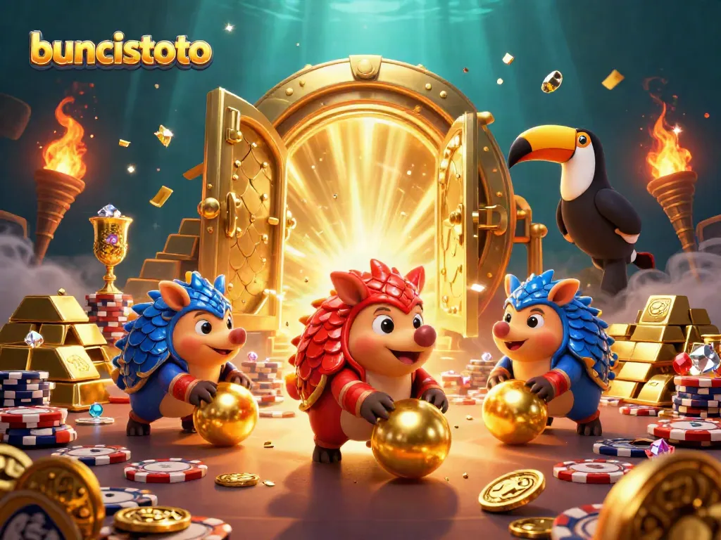 Buncistoto menghadirkan pangolin bersaing bermain dadu dengan keripik poker di latar belakang harta karun emas.