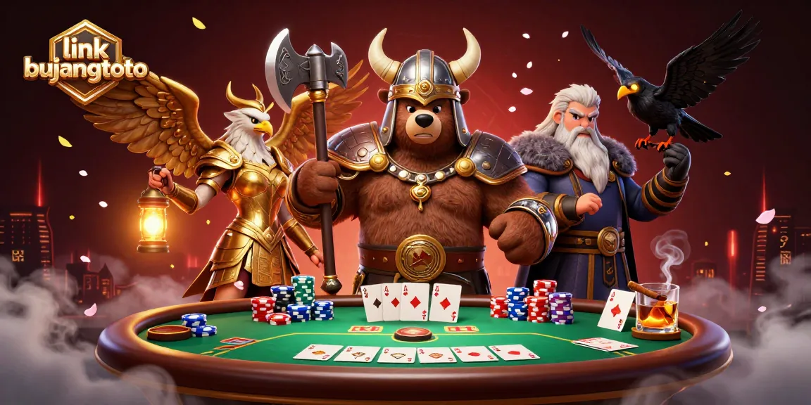 Engage in thrilling casino gaming with link bujangtoto, featuring a Viking bear, Valkyrie eagle, and poker elements.