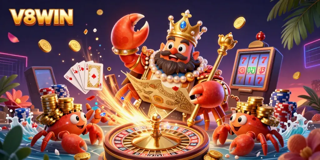 Join the festive V8WIN casino adventure with a regal crab emperor and treasure-laden hermit crabs!