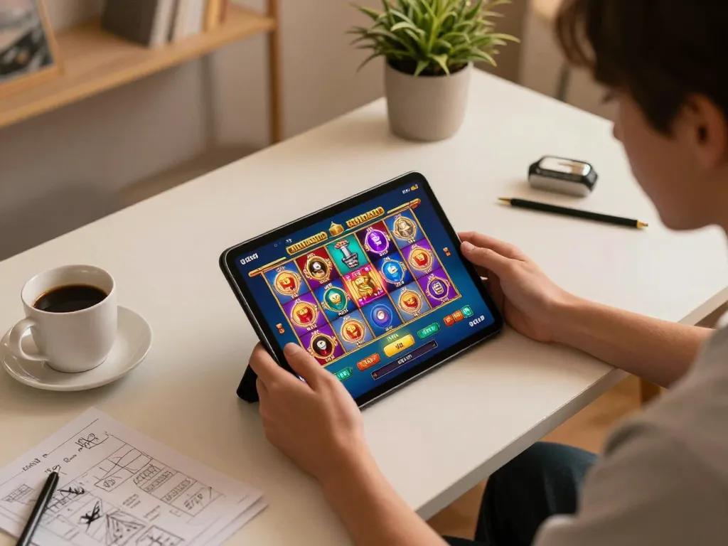 Engaging in exciting slot Thailand gameplay on a tablet at home, showcasing vibrant online gaming atmosphere.