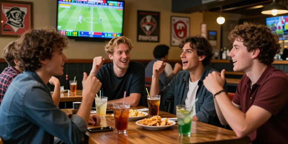 Group of friends enjoying mix parlay bets while watching football matches in a lively sports bar atmosphere.