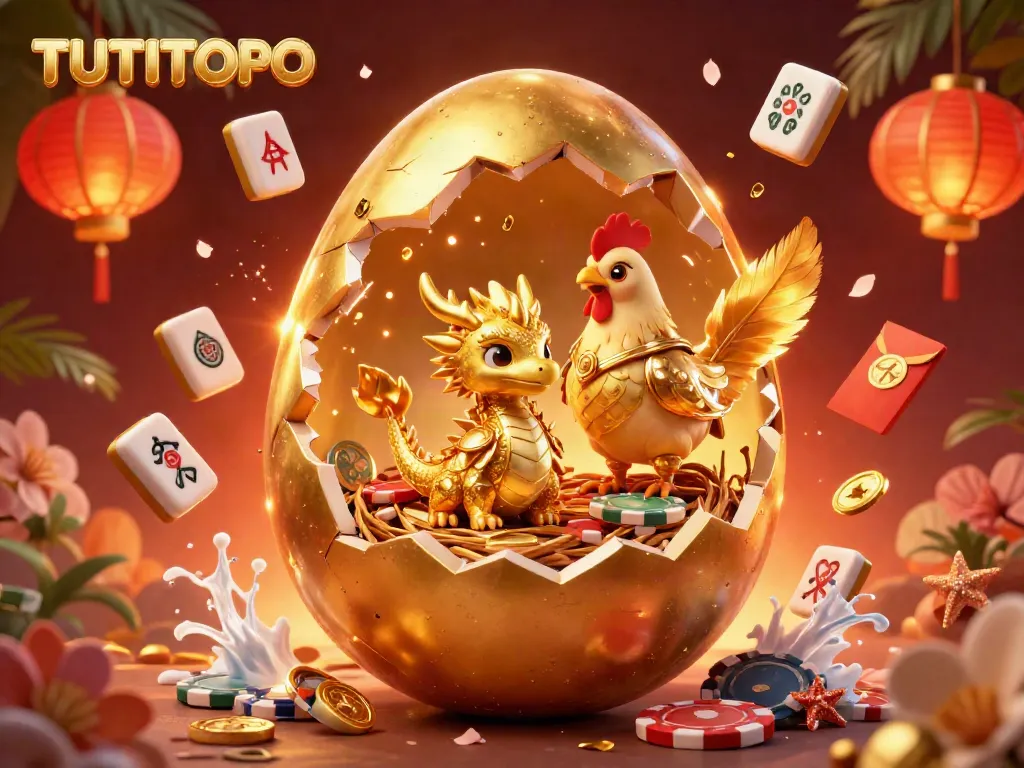 TUTITOTO showcases a golden armored hen guarding a baby dragon from a golden egg in a vibrant casino scene.