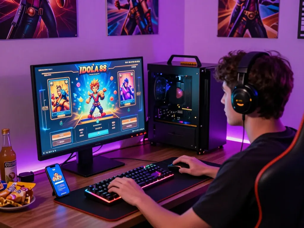 IDOLA88 slot game engagement with colorful graphics and gaming setup.