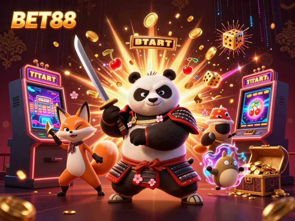 Experience the excitement of BET88 with a vibrant 3D illustration showcasing a panda samurai and ninja fox in a casino setting.