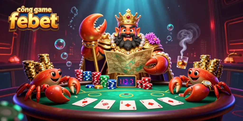 Experience the vibrant world of cổng game febet with a golden crab emperor and poker elements, highlighting a thrilling casino atmosphere.