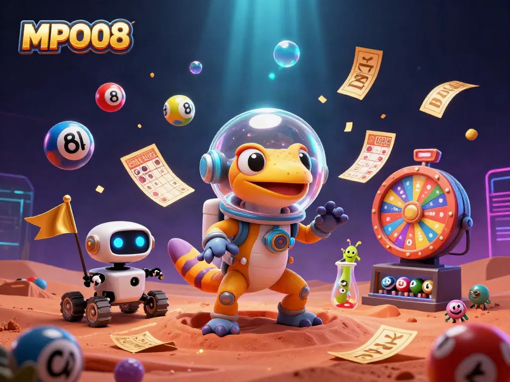 MPO08 showcases a Martian gecko in a casino scene, exploring slot features and vibrant game elements.