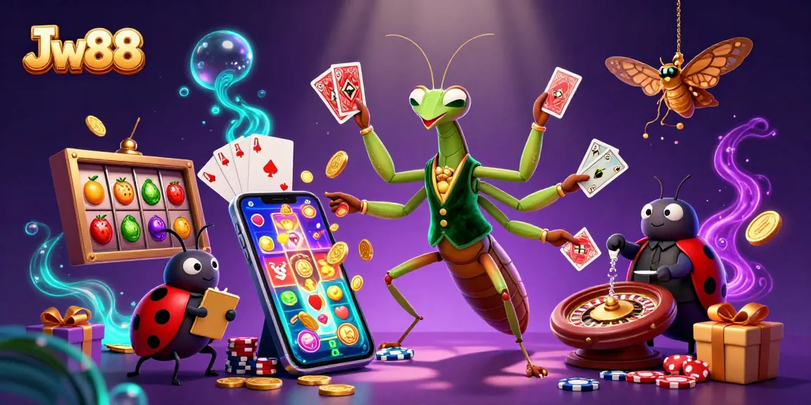 Experience the thrill of Jw88 with a dynamic 3D casino illustration featuring vibrant game elements.