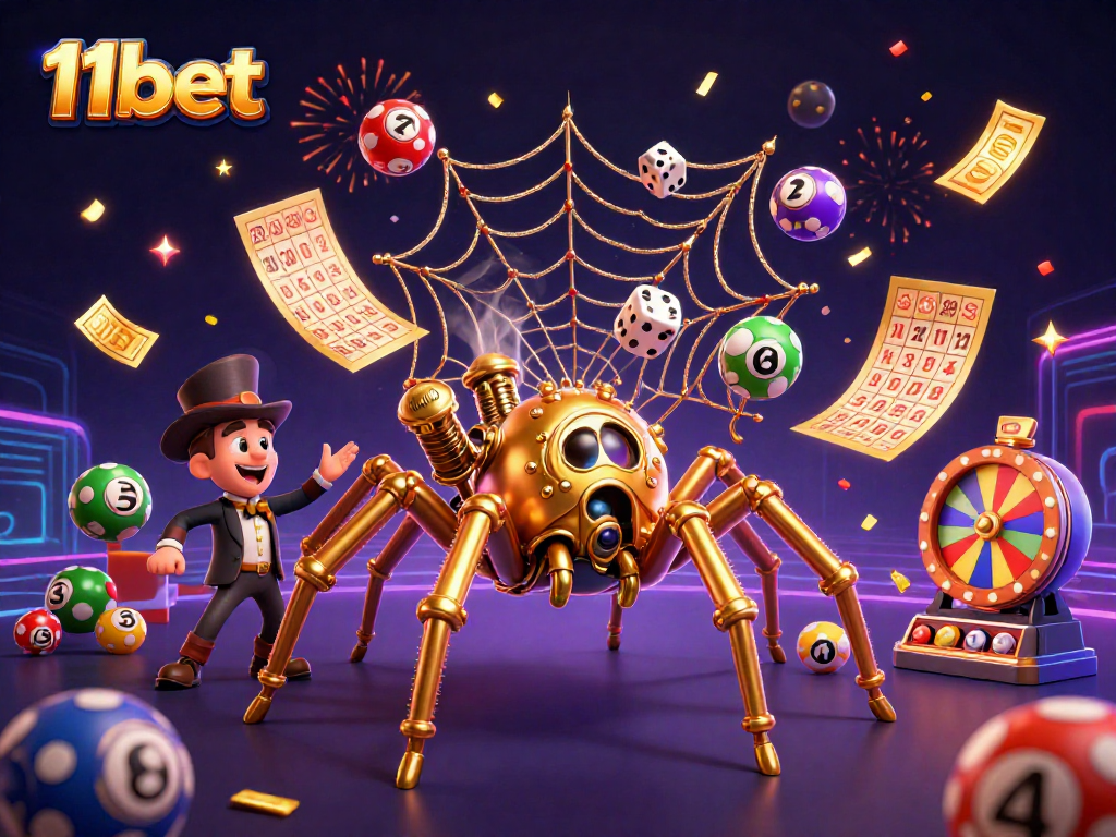 11bet's captivating 3D scene shows a golden spider with dice, lottery balls, and a fly gentleman, engaging in a thrilling gaming web.