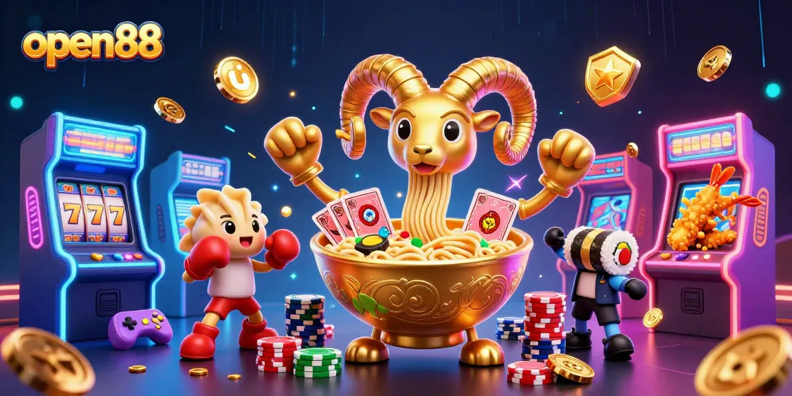 open88 offers exciting gaming experiences featuring a vibrant 3D illustration of a casino scene with playful characters.