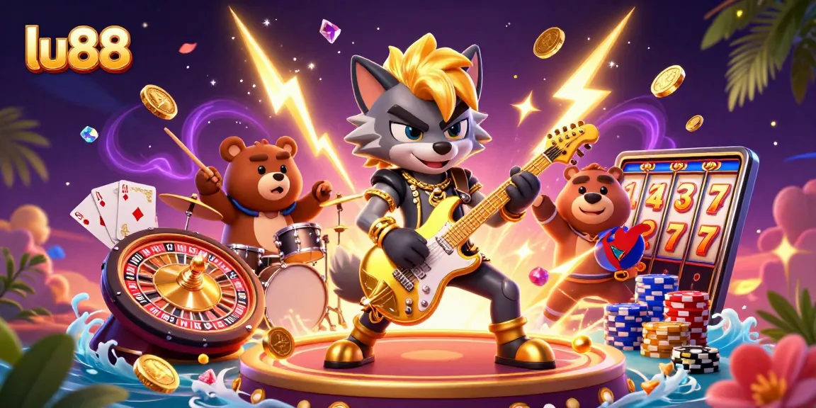 Experience the thrilling atmosphere of lu88 with vibrant casino elements and lively characters.