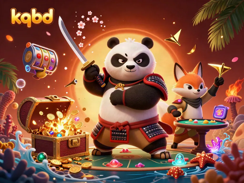 Engage with kqbd's thrilling online casino experience featuring a samurai panda and ninja fox.
