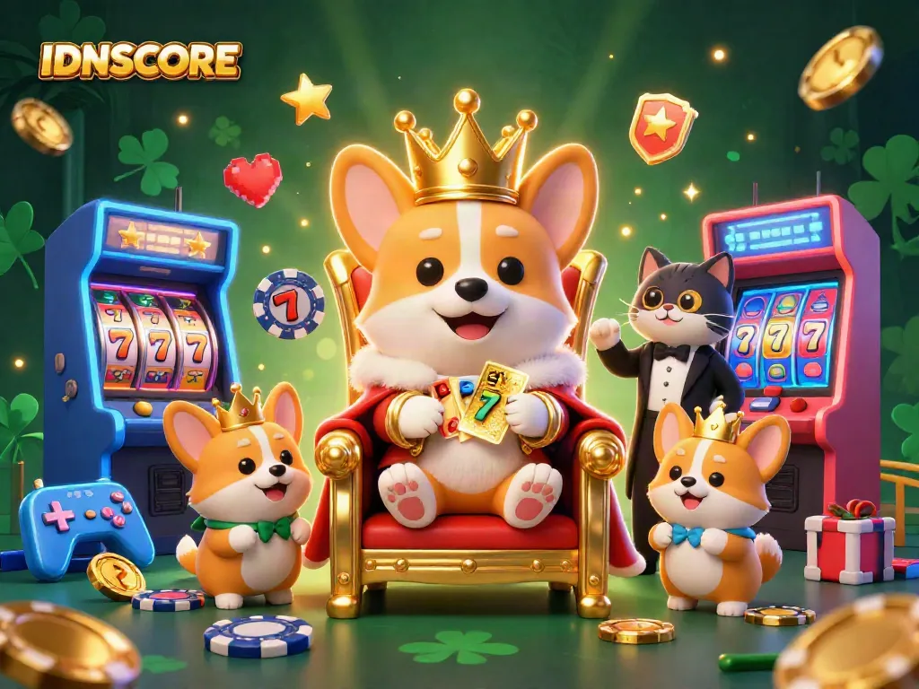 IDNSCORE offers a thrilling casino experience with vibrant slot game elements and royal characters.
