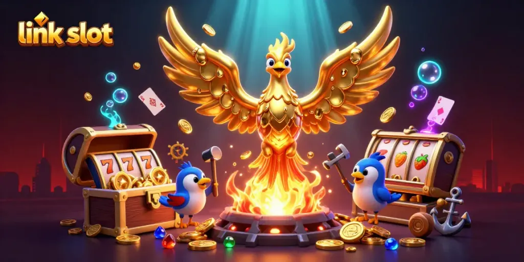 menang besar dengan link slot, phoenix emas dan slot machine mengelilingi lautan harta