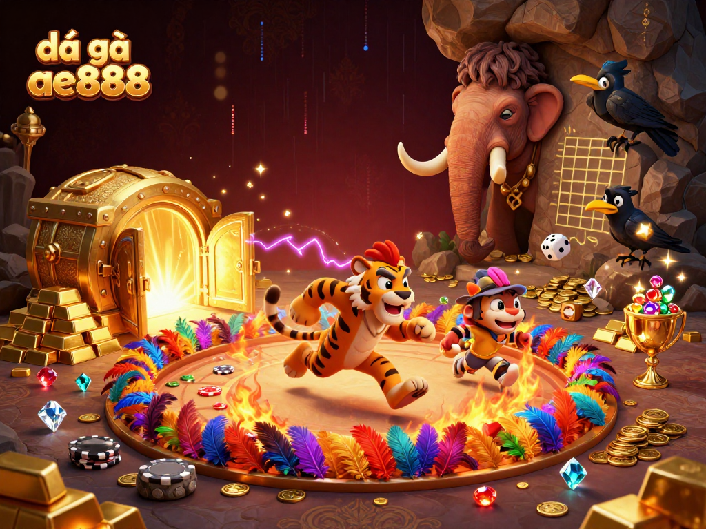 Engaging scene featuring đá gà ae888 elements in a vibrant cockfighting arena with treasure highlights.