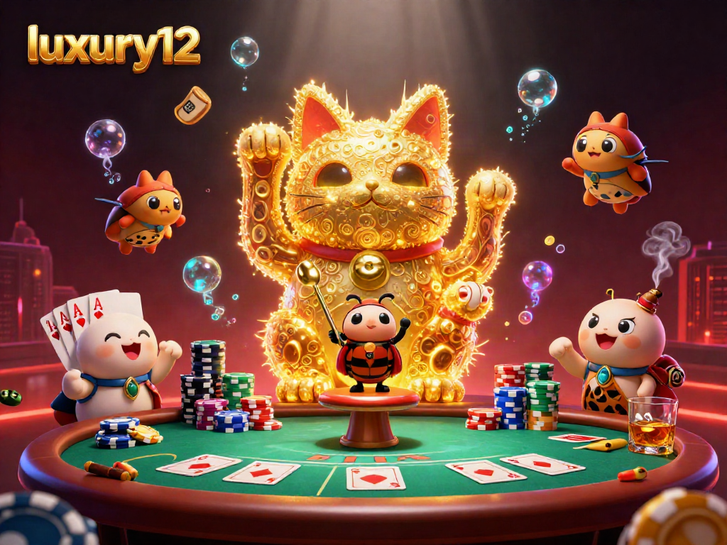 Experience luxury12 with a mesmerizing giant lucky cat created from golden fireflies amidst poker action.