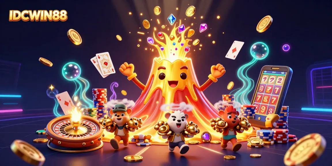Play thrilling casino games with IDCWIN88 featuring a golden volcano and treasure-filled scene.