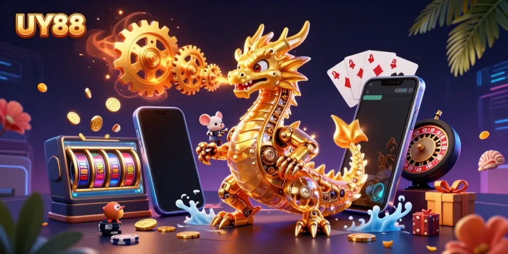 Experience exciting gameplay at UY88 with a golden dragon and slot games bursting with colors.