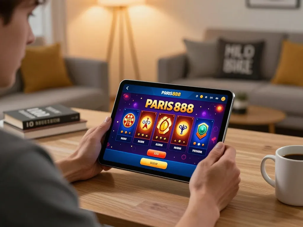 Pengalaman bermain game mobile yang menarik dengan aplikasi paris888 di tablet, menampilkan taruhan strategis.