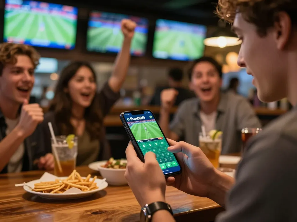 Person placing a bet on the Fun88 app at a sports bar, capturing excitement.