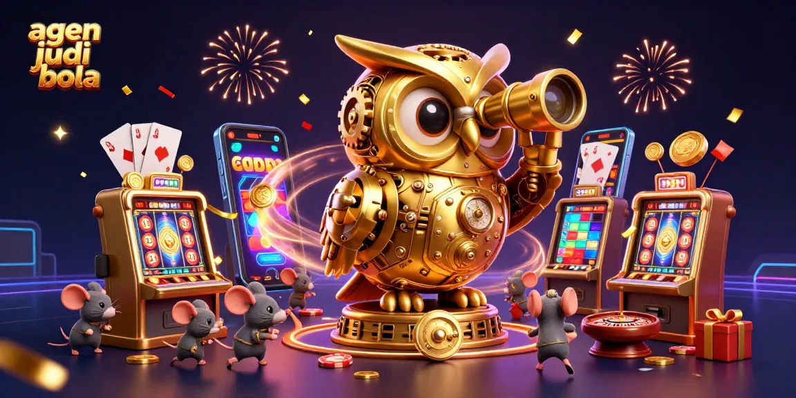 Experience the excitement of agen judi bola with a dynamic casino scene featuring an ornate golden owl, slot games, and celebratory elements.