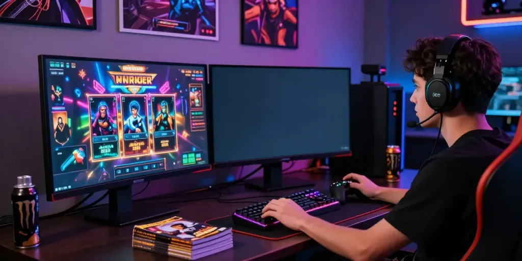 Gamer menikmati pengalaman bermain di situs gacor dengan setup modern dan pencahayaan LED yang menarik.