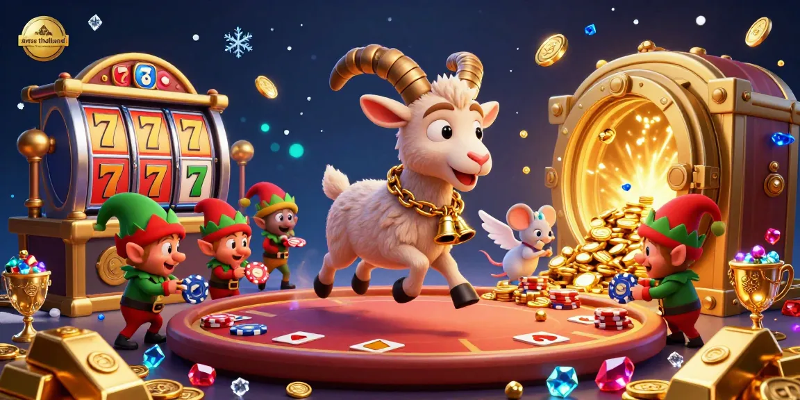 Situs Thailand casino scene with cartoon characters amidst gold treasures and slot machines.