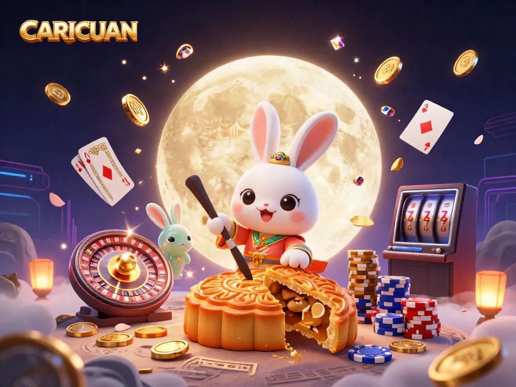 Engage in the exciting realm of gambling with CARICUAN, featuring a cartoon moon rabbit surrounded by vibrant casino elements.
