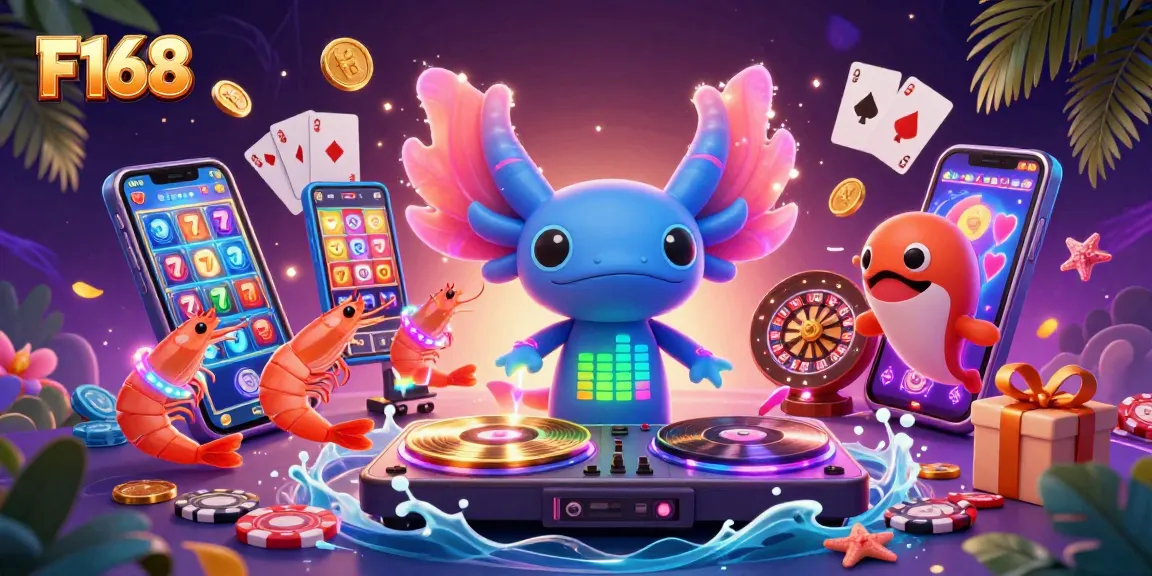 Experience the vibrant energy of F168 with a neon axolotl DJ performing at an underwater casino, surrounded by lively game elements.