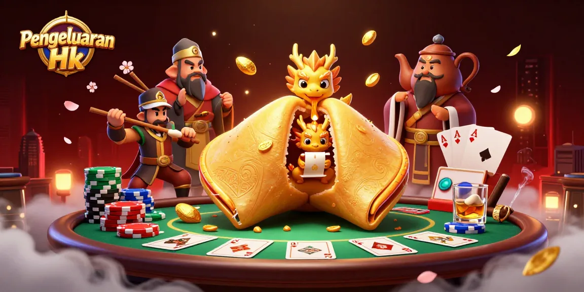 Engage with Pengeluaran Hk data in a lively casino scene featuring a fortune cookie and poker elements.