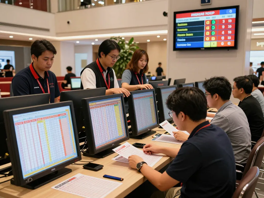 Engaged players reviewing togel sgp bets at Singapore Pools gaming booth, highlighting exciting gaming atmosphere