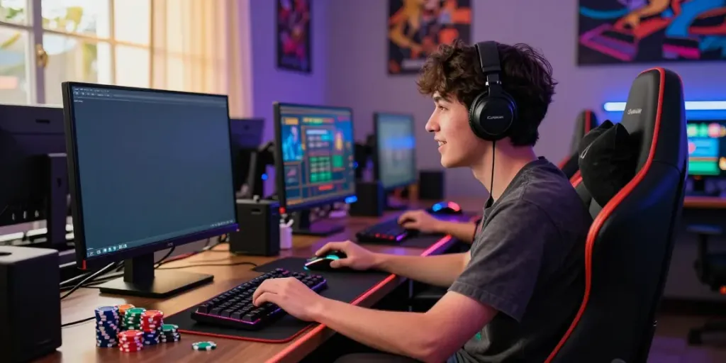 Player engaging in slot gacor gaming at vibrant setup with chips and equipment.