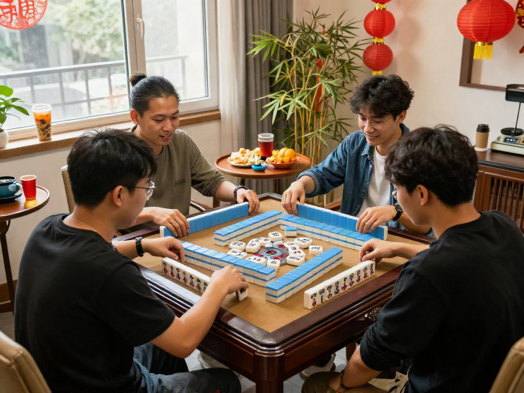 Friends passionately playing MAHJONGJP88 at a decorated table with colorful tiles and snacks, showcasing a lively game atmosphere.