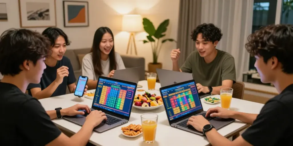 Teman bermain bandar togel online dengan laptop dan smartphone, suasana ceria di ruang tamu.