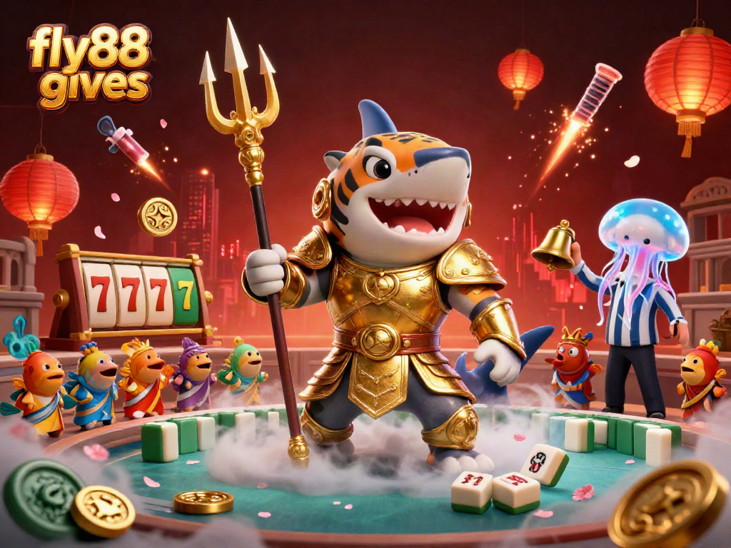 Experience the excitement of fly88 gives with a vibrant 3D casino scene featuring a tiger shark ready for action.