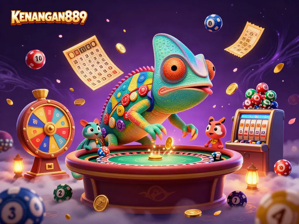 Win big with KENANGAN889 as a chameleon casino owner surrounded by lottery elements.