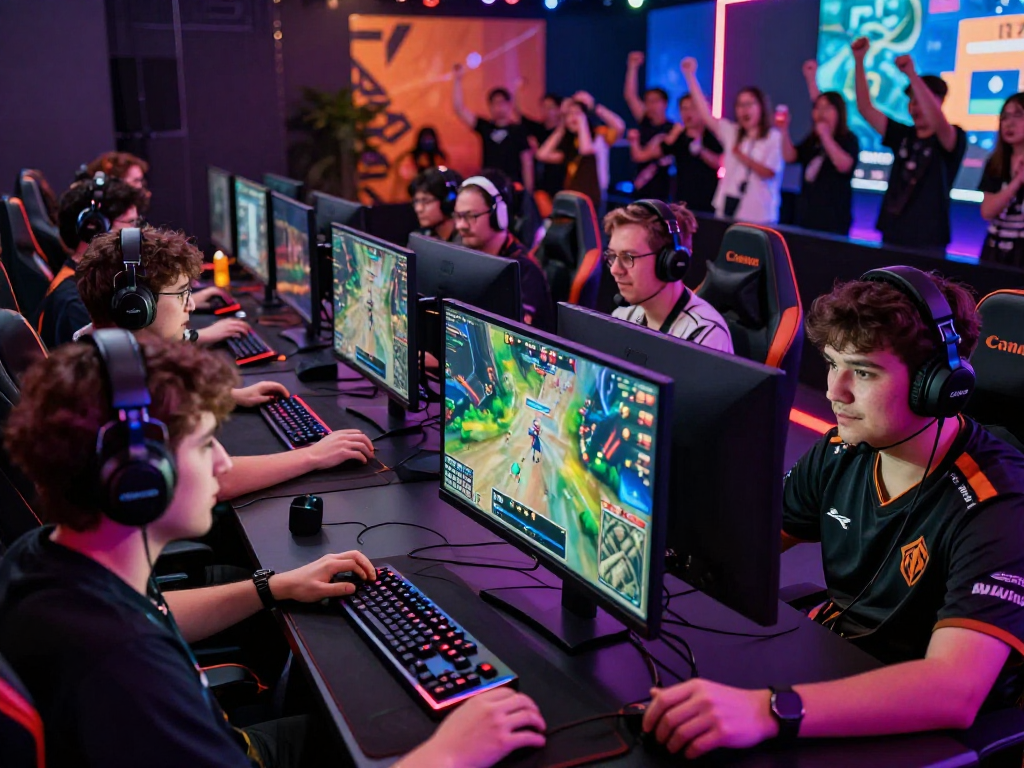 Suasana kompetisi esports dengan pemain bos88 yang terlibat dalam permainan yang intens, perangkat gaming modern, dan dukungan penonton.