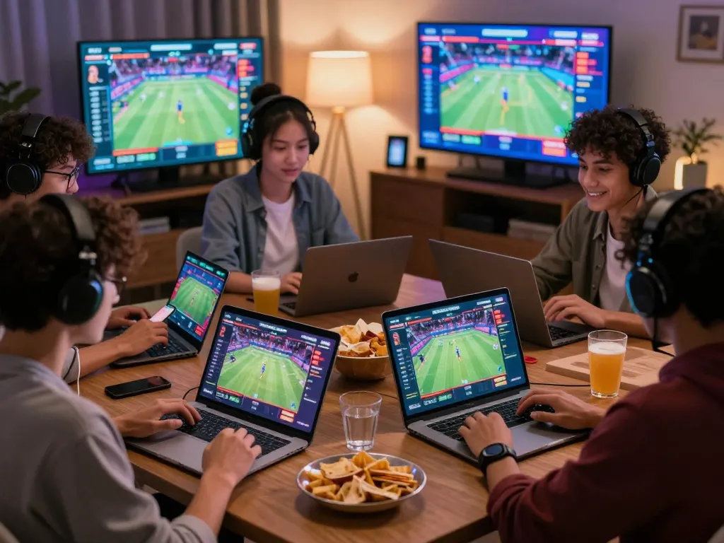 Engaged players enjoying RR88 online betting with laptops and smartphones in a vibrant gaming environment.