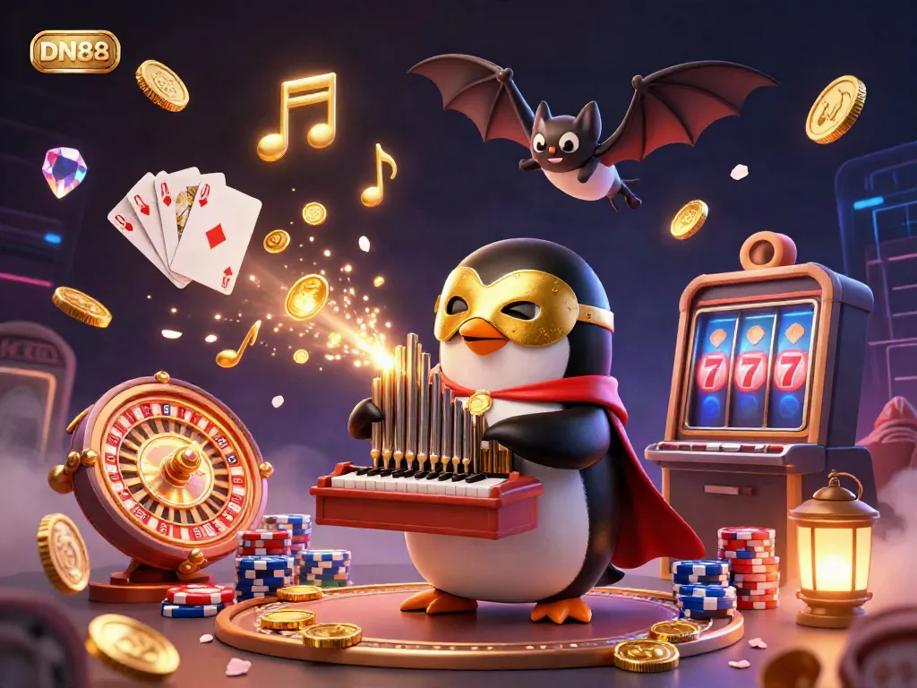 Experience excitement at DN88 with a 3D rendition of a penguin playing an organ, dazzling gold coins, and vibrant game elements.