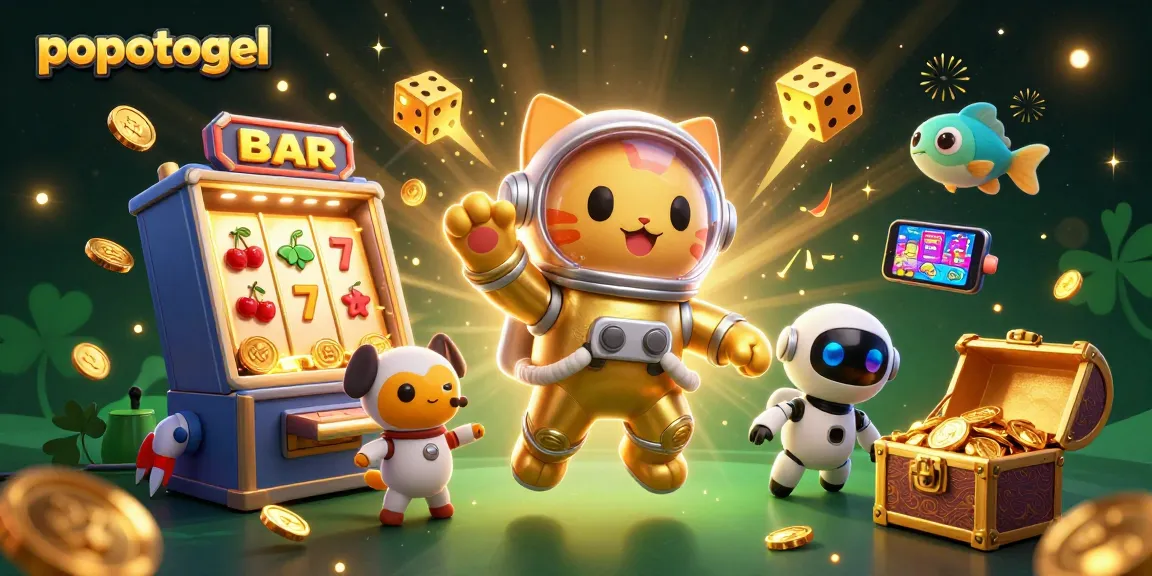 Experience thrilling wins with popotogel, featuring a vibrant 3D illustration of a cat astronaut and slot gaming elements.
