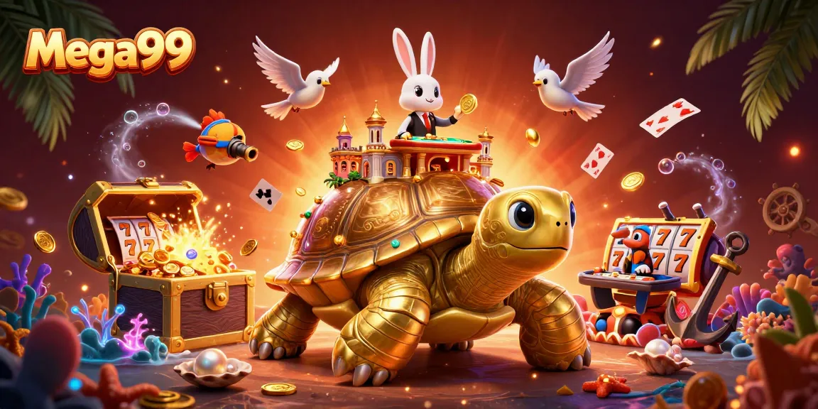Experience thrilling gaming with mega99 featuring a golden tortoise casino and colorful characters.