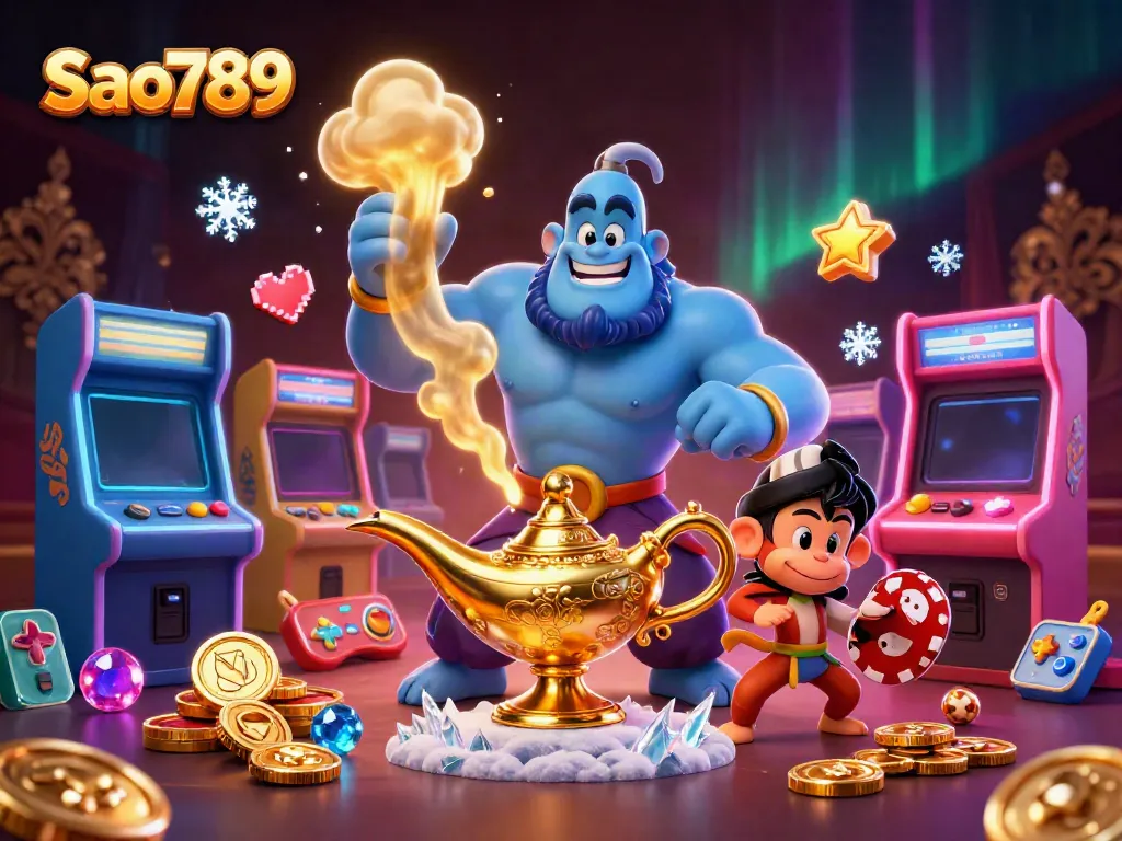 Sao789 showcases a magical genie, Aladdin monkey, and casino elements in an enchanting 3D illustration.