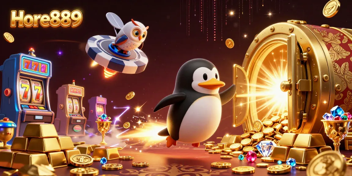 Experience thrilling moments at Hore889 with a golden penguin launching towards winning slots and treasures.
