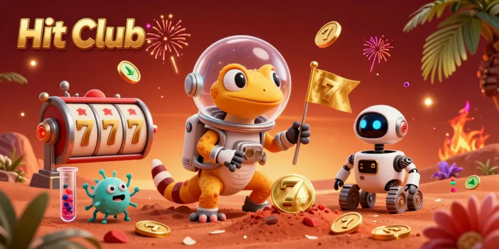 Experience the excitement of Hit Club with a Martian gecko discovering a golden casino amidst vibrant gambling elements.