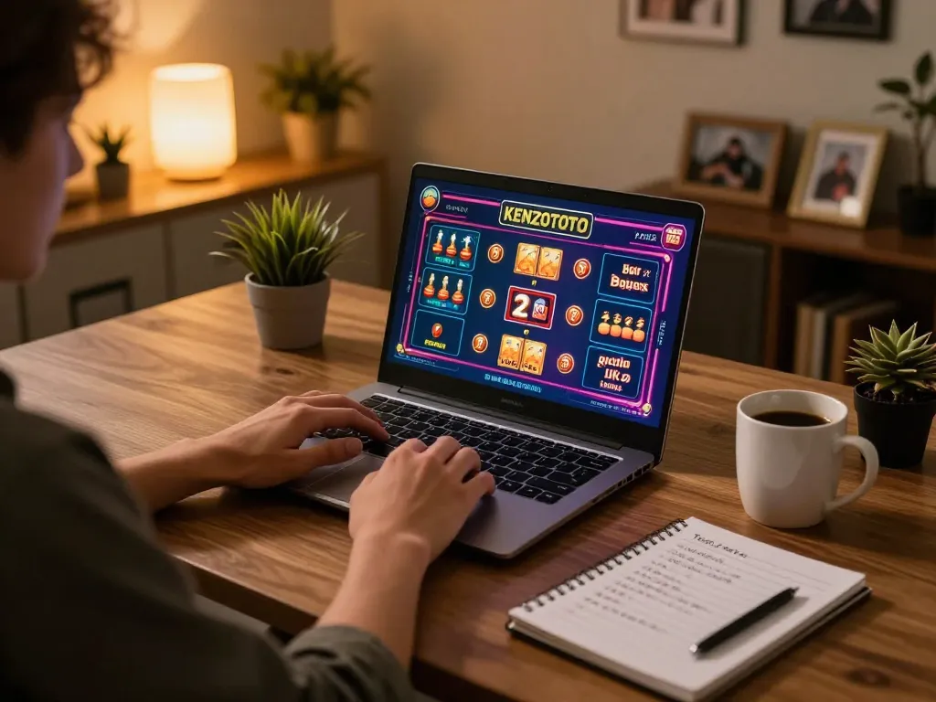 Pemain terlibat menggunakan platform KENZOTOTO di laptop untuk strategi judi online